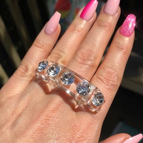 Clear Acrylic statement ring embellished with genuine crystals, cocktail ring - Picture 8 of 12